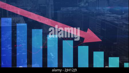 Image of red arrow with statistics processing over cityscape Stock Photo