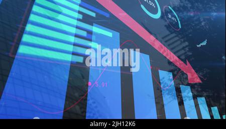 Image of red arrow with statistics processing over cityscape Stock Photo