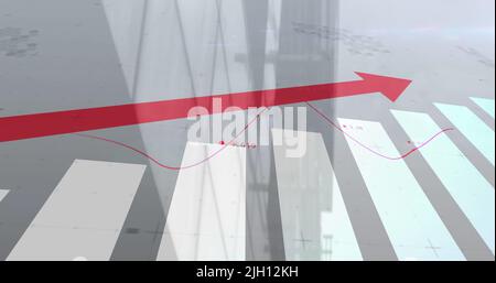 Image of red arrow with statistics processing over cityscape Stock Photo