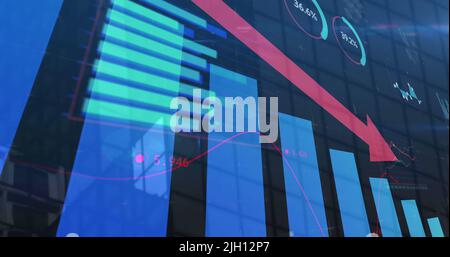 Image of red arrow with statistics processing over cityscape Stock Photo