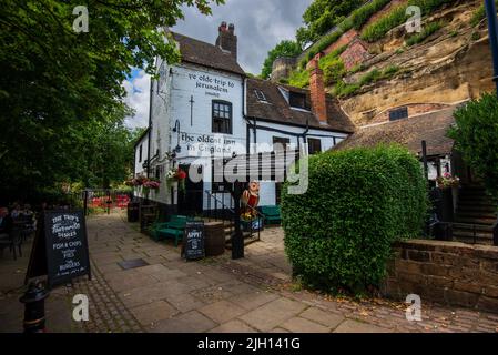 The exterior of Ye Olde Trip to Jerusalem pub dating from 1189 below Nottingham Castle. Stock Photo