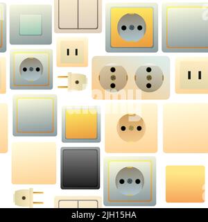 Sockets and switches. Electrical appliances for home network. Spare parts for work of an electrician. Seamless pattern. Isolated on white background Stock Vector