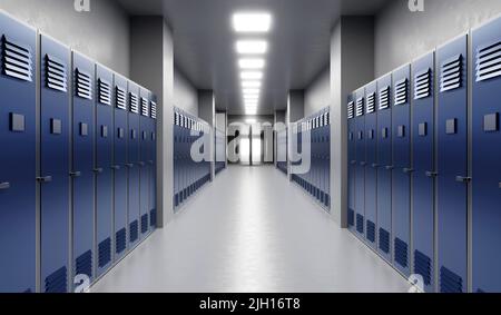 Long school corridor with blue lockers , 3d render Stock Photo