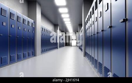 Long school corridor with blue lockers , 3d render Stock Photo