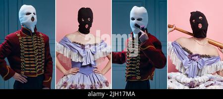 Set of images of man and woman as medieval persons wearing balaclava isolated on blue and pink background. Concept of comparison of eras, art, history Stock Photo