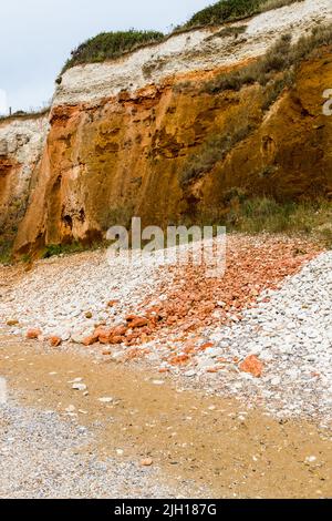 The stripped cliffs at Hunstanton are a Site of Special Scientific Interest on the Norfolk coast, taken 11th July 2022. Stock Photo