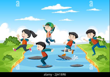 Kids playing red light green light game illustration Stock Vector