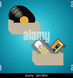Two boxes one with vinyl audio records and the second with audio and video cassettes Stock Vector