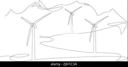 continuous single line drawing of wind turbines in mountain landscape, renewable energy line art vector illustration Stock Vector