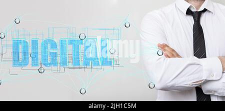A person presenting a virtual projection of digital network Stock Photo