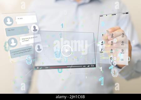 A person presenting a virtual projection of a binary code Stock Photo