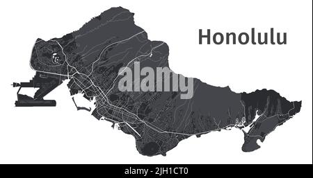 Honolulu vector map. Detailed vector map of Honolulu city administrative area. Cityscape poster metropolitan aria view. Black land with white streets, Stock Vector