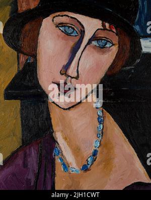 Portrait of a girl in a hat. Beautiful oil painting on canvas. Based on the magnificent painting by Modigliani. Brush strokes and canvas textures. Stock Photo