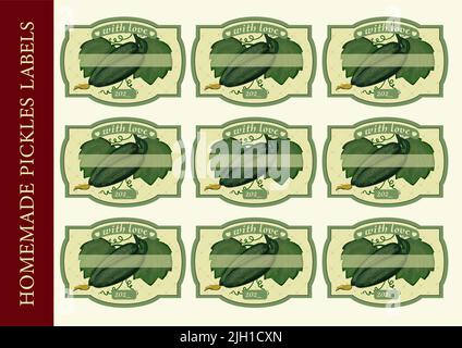 Curly labels for home cooking. Salted cucumbers. Canning.Green cucumbers in vintage style.Product packaging. Stock Vector