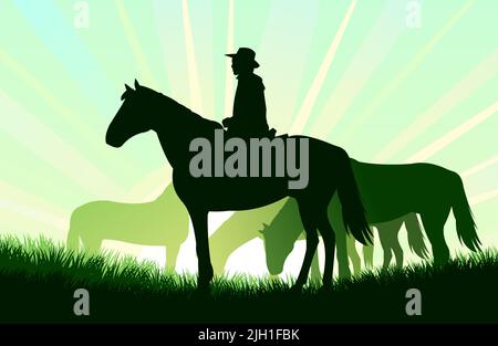 Shepherd grazes horses in pasture. Picture silhouette. Farm pets. Animals domestic traditional. On background sunrise. Vector Stock Vector