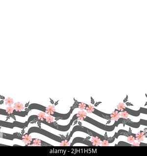 Vector pink flowers with grey white wavy zigzag stripes horizontal border pattern background Stock Vector