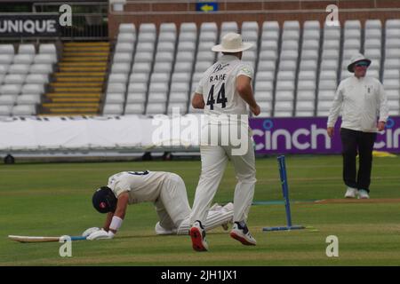 Chester le Street, England, 14 July 2022. Anuj Dal batting for Derbyshire getting up after being run out against Durham in a LV County Championship match at The Seat Unique Riverside.  Credit: Colin Edwards/Alamy Live News. Stock Photo