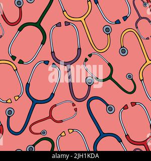 Stethoscope. Medical diagnostic device. Repeating vector pattern. Isolated green background. Seamless medical ornament. Cartoon style. Health topic. Stock Vector
