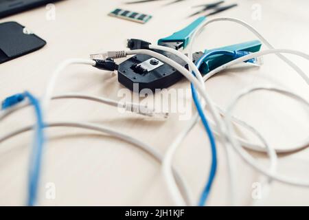 Forceps for crimping modular plug with cables Stock Photo