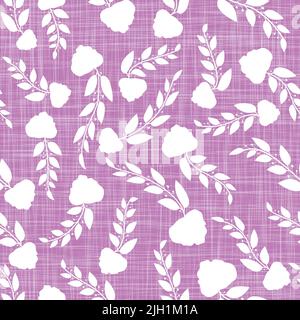 Lilac fabric floral branches silhouettes with white textured vector repeat pattern background Stock Vector