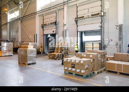 Worker near forklift truck with cardboard boxes in warehouse. Logistics ...