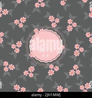 Vector pink floral bouquets with dark grey background frame seamless pattern  with hand drawn elements Stock Vector
