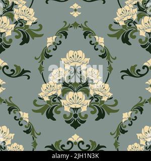 Seamless vector pattern with lotus flower on blue background. Rococo damask floral wallpaper design. Decorative renaissance fashion textile. Stock Vector