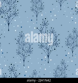 Seamless vector pattern with blooming blue trees. Beautiful forest background.  Winter wallpaper design. Stock Vector