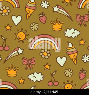 Seamless vector pattern with busy summer symbols on green background. Decorative fun rainbow wallpaper design. Simple cartoon sticker fashion textile. Stock Vector