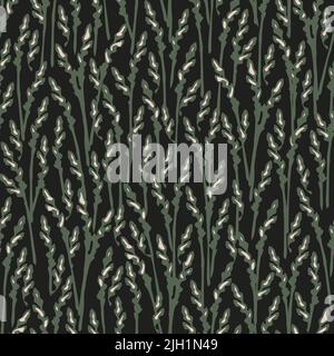 Seamless vector pattern with grass meadow on black background. Decorative rye texture wallpaper design. Grain field fashion textile. Stock Vector