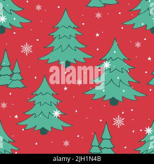 Seamless vector pattern with Christmas tree on red background. Simple winter forest wallpaper design. Decorative seasonal fashion textile. Stock Vector