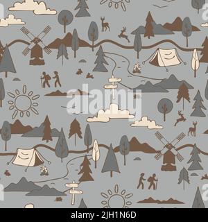 Seamless vector pattern with adventure landscape on grey background. Simple hiking silhouette wallpaper design. Decorative life style fashion textile. Stock Vector