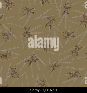 Seamless vector pattern with ant nest. Light brown wallpaper with ants and thorns. Simple modern wallpaper design with animal nest. Stock Vector