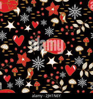 Seamless vector pattern with Christmas wildlife on black background. Winter forest wallpaper design with fox and flowers. Stock Vector