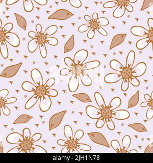 Seamless vector pattern with simple flowers on grey background. Hand drawn floral wallpaper design. Daisy meadow fashion textile. Stock Vector