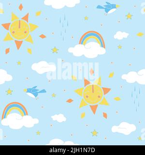 Seamless vector pattern with happy sun and clouds on blue background. Children cartoon wallpaper design. Cute rainbow fashion textile. Stock Vector