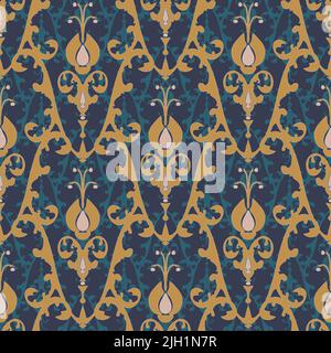 Seamless vector pattern Victorian style wallpaper design. Blue, green and beige flower repeat art. Stock Vector