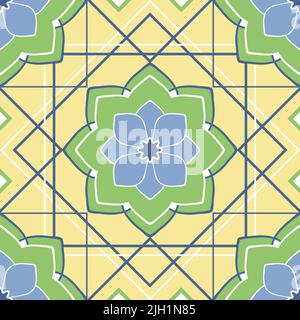 Seamless vector pattern with Moroccan floral square on yellow background. Simple geometrical wallpaper tile. Decorative damask fashion textile. Stock Vector