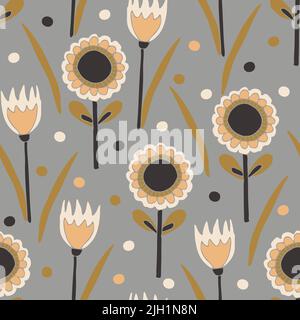 Seamless vector pattern with tulips and sunflowers on grey background. Hand drawn flower meadow wallpaper design. Decorative floral fashion textile. Stock Vector