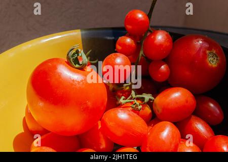 Freshly picked ripe red cherry tomatoes. Close-up image of freshly picked ripe red cherry tomatoes. Stock Photo