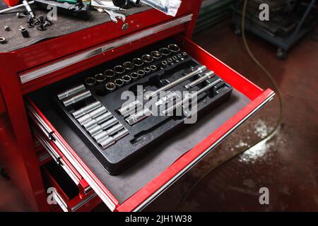 Kit of repairing tools in workshop Stock Photo