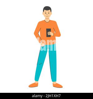 Man with phone isolated vector . Young guy stands and holds smartphone in his hand. Adult writes message, communicates on social network or on dating Stock Vector