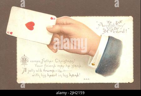 Chromolithographed die cut Christmas greeting card showing playing card of Ace of Hearts circa 1898 Stock Photo