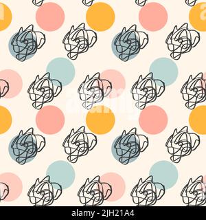 Abstract seamless pattern with circles and scribbles in trendy pastel colors. Cute polka dot on beige background. Modern doodle design for wrapping Stock Vector