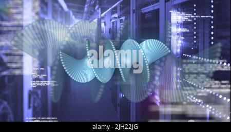 Image of dna strand and data processing over server room Stock Photo