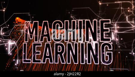 Image of machine learning text over spots on black background Stock Photo