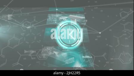 Image of clock moving fast over network of connections with glowing spots Stock Photo