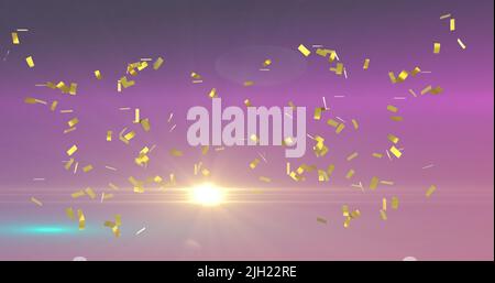 Image of gold confetti falling on green background Stock Photo