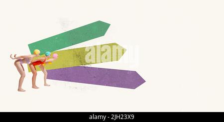 Contemporary art collage. Creative design. Three women in swimming suits preparing to dive. Swimming activity Stock Photo