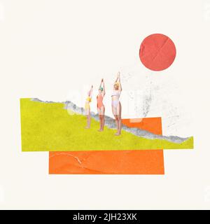 Contemporary art collage. Creative design. Three women in swimming suits preparing to dive. Swimming hobby Stock Photo